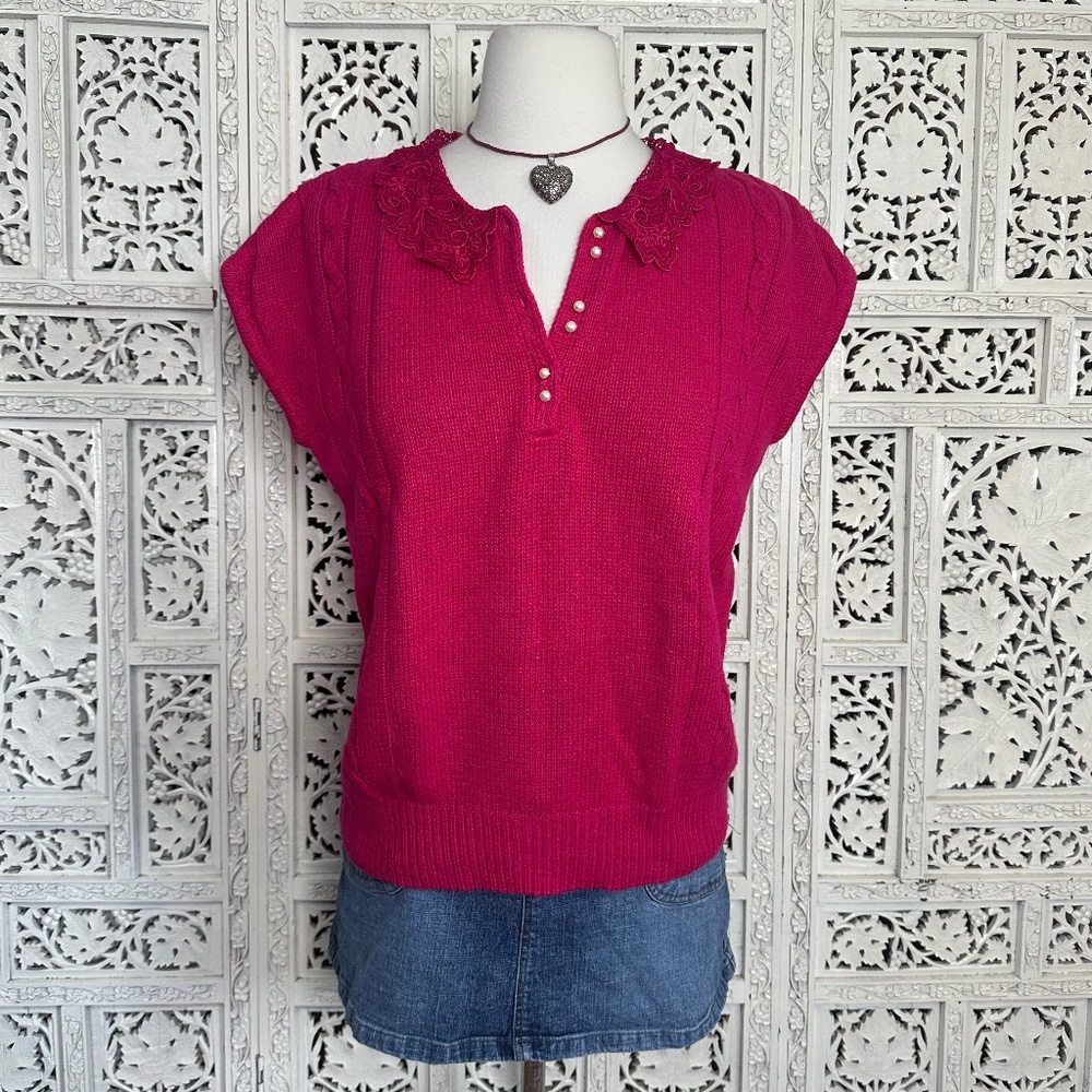 Vintage Deep Pink Cable Knit Grannycore Lace Short Sleeve Pearl Button Sweater‎